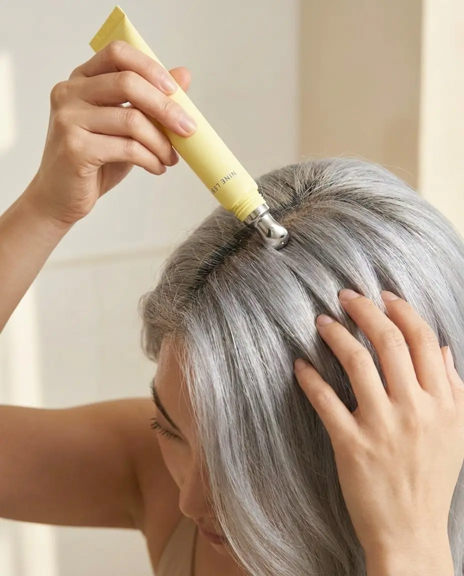 NINE LESS Root Biome Caffeine Scalp Ampoule — Saç derisine masaj dokunuşu