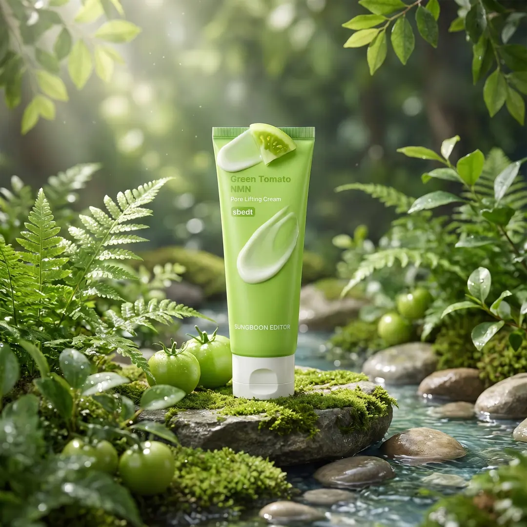 Sungboon Editor Green Tomato NMN Pore Minimizing Cream 50ml — Hafif yeşil tonlu, silikonsuz primer-benzeri krem doku