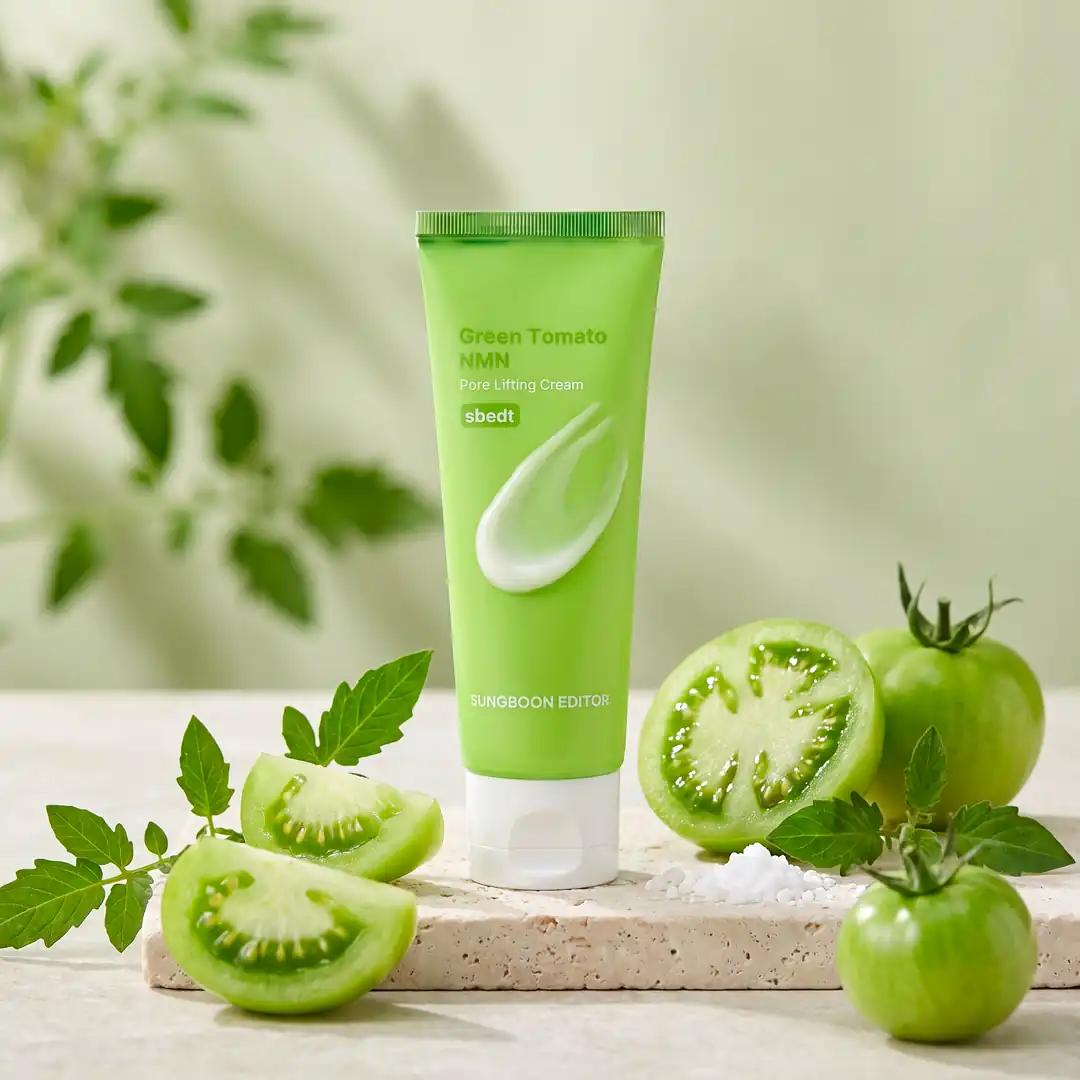 Sungboon Editor Green Tomato NMN Pore Minimizing Cream 50ml — Patentli Green Tomato / Yeşil Domates (Solanum Lycopersicum) Ekstresi — gözenek ve sıkılık görünümü